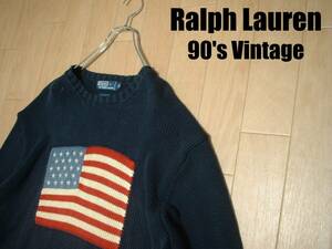 お宝90sビンテージPOLO by RALPH LAUREN星条旗USAコットンニットセーターXL紺 正規ポロバイラルフローレンスポーツジーンズアメリカ国旗