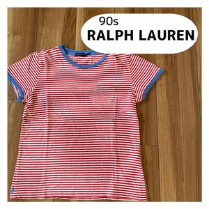 90s RALPH LAUREN ラルフローレン Tシャツ 半袖 ポケットT ボーダー インパクト21 レディース サイズM 玉mc1680