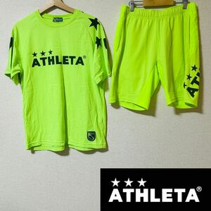 ★N■ ATHLETA アスレタ メンズ 半袖Tシャツ & 短パン セットアップ Lサイズ 黄緑 ロゴ サッカー フットサル プリント スポーツウェア 