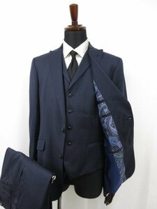 HH 【エトロ ETRO】 裏地ペイズリー×絹素材 ウール素材 2ボタン 濃紺 3ピーススーツ (メンズ) size50 ネイビー ストライプ 伊製●27HR3201