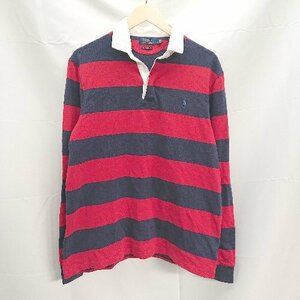 ◇ POLO RALPH LAUREN ボーダー ネイビー ブランドロゴ刺繍 長袖 ポロシャツ サイズL レッド メンズ E 1