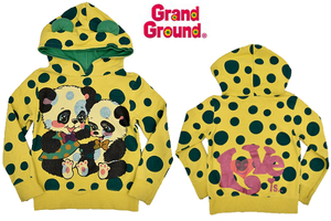 S-7491★送料無料★GrandGround グラグラ★イエロー黄色 水玉柄 パンダのかわいい耳付き 長袖パーカー 6 120-125cm