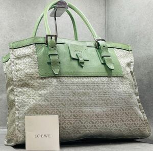 希少/美品/A4可●LOEWE ロエベ メンズ ビジネス トートバッグ ハンド ブリーフケース リピートアナグラム 大容量 グリーン 緑 レザー 本革