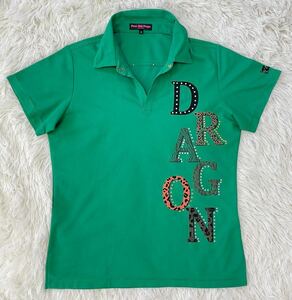 良品　Dance With Dragon　ダンスウィズドラゴン　スパンコール　半袖　ゴルフシャツ　ポロシャツ　グリーン　3号　レディース　Mサイズ