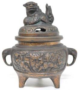 時代物 高岡銅器 獅子蓋 香炉 日本美術 迫力のある香炉です。 店舗の飾り 和室 茶室 エステートセール（管理番号：126）