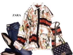 ザラ ZARA BASIC 大人素敵スタイル☆ 微光沢 スカーフ風プリント フラワーマルチボーダー シャツブラウス 羽織にも S