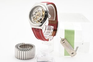 稼働品 スウォッチ アイロニー ラウンド シルバー スケルトン 自動巻き メンズ 腕時計 SWATCH