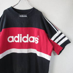 ○90s adidas アディダス◆Tシャツ カットソー 3本ライン 90年代 ヴィンテージ◆メンズ ブラック/レッド O-XOサイズ