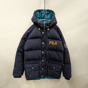 FILA/フィラ/90s/ヴィンテージ/フーデッドダウンジャケット/ロゴ刺繍/袖ラバーワッペン/ドローコード/SIZE L