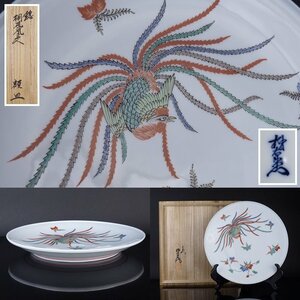 【扇屋】十三代 酒井田柿右衛門「錦 桐鳳凰文 額皿」共箱 幅 約27.5cm 高さ 約3.5cm 色絵 花鳥文 飾皿 大皿 有田焼 人間国宝 C-2