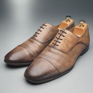 MH0402//イタリア製*サントーニ/Santoni*メンズ7.5F/ハーフアンラインド/ストレートチップ/キャップトゥ/レザーシューズ/革靴/茶/ブラウン