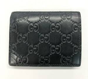 中古 美品 グッチ GUCCI シマレザー 二つ折り財布 カードケース 410120 カーフレザー ブラック GG柄 コンパクト ウォレット 146010