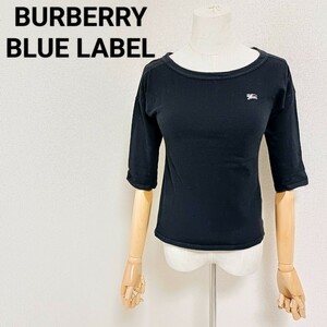 バーバリーブルーレーベル BURBERRY BLUE LABEL 美品 クルーネック半袖Tシャツ トップス ワンポイント刺繍ロゴ 黒色 ブラック 三陽商会 38