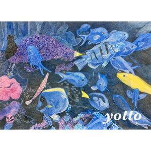 色鉛筆画「 蒼の遊 」Ａ４・額付き◇◆手描き◇原画◆魚◇◆yotto◇