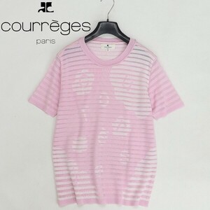 ◆courreges クレージュ ロゴ×花柄 シースルーボーダー 半袖 ニット トップス ピンク×ホワイト 9R