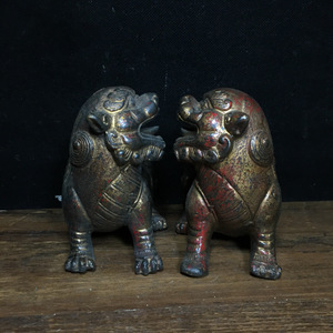【超珍館蔵】銅製 泥金 獅子一對 置物 古賞物 古美術品 稀少珍蔵品