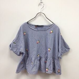 ZARA BASIC/ザラベイシック ブラウス 半袖 半袖トップス 花柄刺繍 ストライプ ブルー サイズM レディース