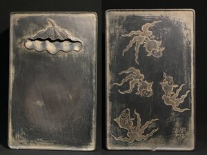 ■大成美術■老坑端硯 魚戯蓮葉間紋端渓硯 南楼書画研(陳書)銘 　（検）清代　書家用硯 中国古硯 書道具 唐物 中国美術 骨董 298