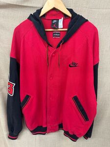 ☆NIKE AIR JORDAN Hooded Sweat Varsity Jacket 赤黒 L 90s ナイキ エアジョーダン スウェットスタジャン フード付き ジャンプマン