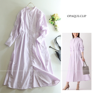 SHIRT OPAQUE.CLIP オペーククリップ★大人可愛い♪ストライプバンドカラーシャツロング丈ワンピース ピンク 長袖