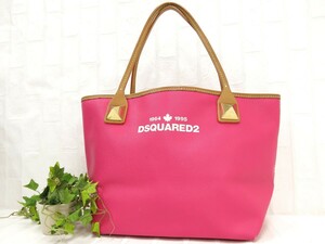 美品◆Dsquared2 ディースクエアード◆PVC カーフ レザー 本革◆トート バッグ◆ネオンピンク キャメル ゴールド金具◆肩掛け◆N9454