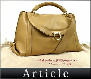 181552□ Ferragamo フェラガモ ガンチーニ スザンナ 2WAY ハンドバッグ ショルダー RG-21 G249 レザー 革 ベージュ レディース/ B