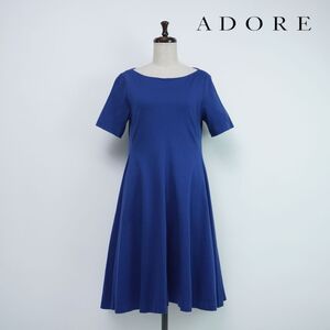 美品 ADORE アドーア 半袖フレアワンピース バックジップ 膝丈 裏地無し レディース 青 ブルー サイズ38*QC860