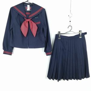 1円 セーラー服 スカート スカーフ 上下3点セット 165A 大きいサイズ トンボ 冬物 赤3本線 女子 鹿児島松元中学 紺 中古 ランクC EY1108