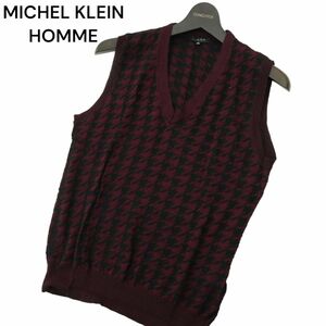 MICHEL KLEIN HOMME ミッシェルクラン オム 通年 千鳥チェック★ Vネック コットン ニット ベスト Sz.46　メンズ　A4T00723_1#O