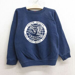 古着 長袖 スウェット キッズ ボーイズ 子供服 80s 鳥 レーシング ラグラン クルーネック 紺 ネイビー 24oct24