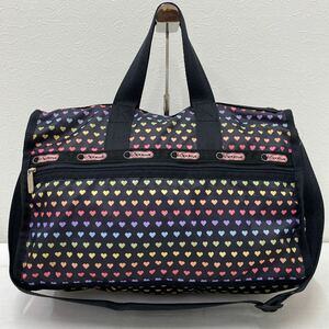 □43−1675 LeSportsac レスポートサック レディース ボストンバッグ 2way ショルダー ハンド 黒 ブラック ハート レインボー 軽量