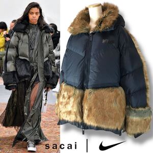 t198 美品 レア sacai×NIKE 2020 サカイ ナイキ ダウンジャケット エコファー ネイビー ボリューム アウター　XL レディース 正規品 