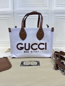 グッチ GUCCI コットンリネンキャンバス トートバッグ ブランドロゴ文字プリント 調節可能なストラップ ベージュ キャンバスバッグ