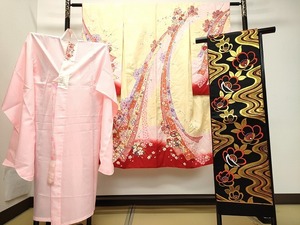 平和屋着物■七五三　女の子　7歳　祝着・長襦袢(単衣・半衿刺繍)・袋帯セット　熨斗草花文　金彩　DAAJ2057ud