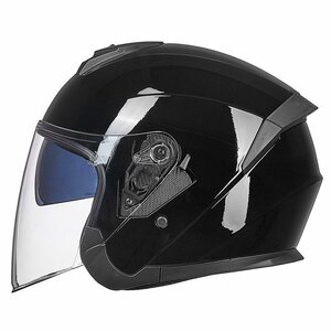 TZX525★ワンパターン式顎紐　11色　ジェットヘルメット　ダブルシールド　UVカット　着脱できる内装　M～XL　黒