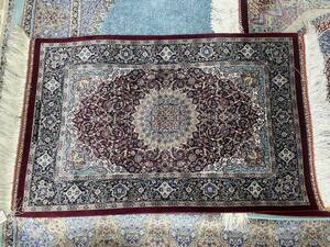 イラン製　クムバンブー　玄関マット　90×60　バンブーシルク　シルク　絨毯　赤　ラグ　マット　カーペット　アジアン　ヨーロピアン