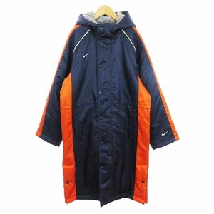 ナイキ NIKE ベンチコート ロング丈 中綿 フード ジップアップ スナップボタン 裏地ボア 紺 ネイビー オレンジ M 150cm ■SM1 キッズ