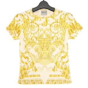 ヴェルサーチェ ジーンズクチュール VERSACE JEANS COUTURE バロック柄 クルーネック Tシャツ カットソー S ホワイト イエロー ur105