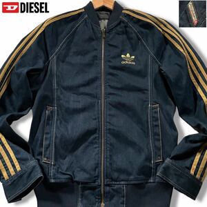 極美品/激レア●DIESEL adidas コラボ別注 デニムジャケット トラック ジャージ風 Gジャン ディーゼル アディダス ゴールドロゴ刺繍 M位