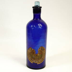 昭和初期 帝國製薬 薬瓶 ガラス瓶 気泡入り ブルー 直径7㎝ 高さ22.5㎝ レトロな佇まい 現代の味わいディスプレイ、花瓶として！ IKT411