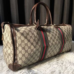 ●高級●GUCCI グッチ ボストンバッグ 旅行鞄 トラベルケース かばん 大容量 GGスプリーム シェリーライン PVC レザー 茶 ブラウン