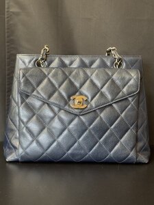 CHANEL　シャネル　キャビアスキン　チェーントート　ショルダーバッグ　ネイビー