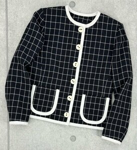 YVES SAINT LAURENT イヴサンローラン チェック柄 ウール ツイード ノーカラー ジャケット 通年素材 34/XS 黒×白 日本製 90s ヴィンテージ