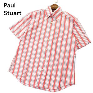 美品★ Paul Stuart ポール・スチュアート 春夏 オーストリア製生地★ 半袖 ボタンダウン ストライプ シャツ Sz.L　メンズ　A4T05595_5#A