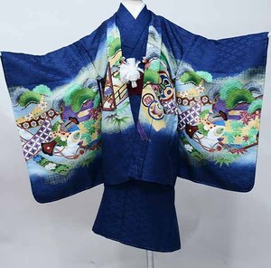 七五三 五歳 男児 羽織・着物・襦袢3点セット 綸子地 金刺繍 濃紺地 鷹 5歳 五才 5才 男の子 祝着 新品（株）安田屋 NO40373-1