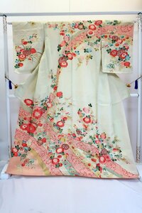 【着物フィ】アンティーク 訪問着 ごく薄い黄緑 吉祥花 身丈164.0cm 大正ロマン　レトロ　正絹　17012