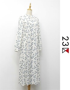 R-I394/美品 23区 ロングワンピース ドレス 総柄 花柄 スキッパー ウエストゴム 薄手 長袖 46 XXXL 白 大きいサイズ