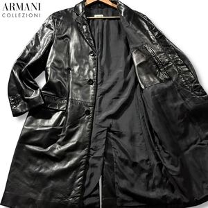 極美品/Lサイズ●アルマーニ コレツィオーニ ナッパ ラムレザー チェスターコート ロング ARMANI COLLEZIONI 羊革 光沢感 比翼ボタン 黒 50