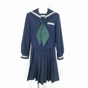 1円 セーラー服 スカート スカーフ 上下3点セット 大きいサイズ トンボ 冬物 白3本線 女子 学生服 中学 高校 紺 制服 中古 ランクC NA7898