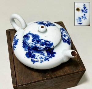 【京全】名工 村田 亀水 造 青華 草花文 急須 箱付 煎茶道具 京焼